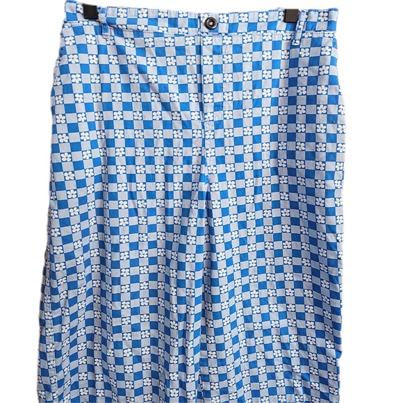 Blue Checkerboard Floral High Waist Wide Leg Pull On Pants Womens L - Picture 4 of 7